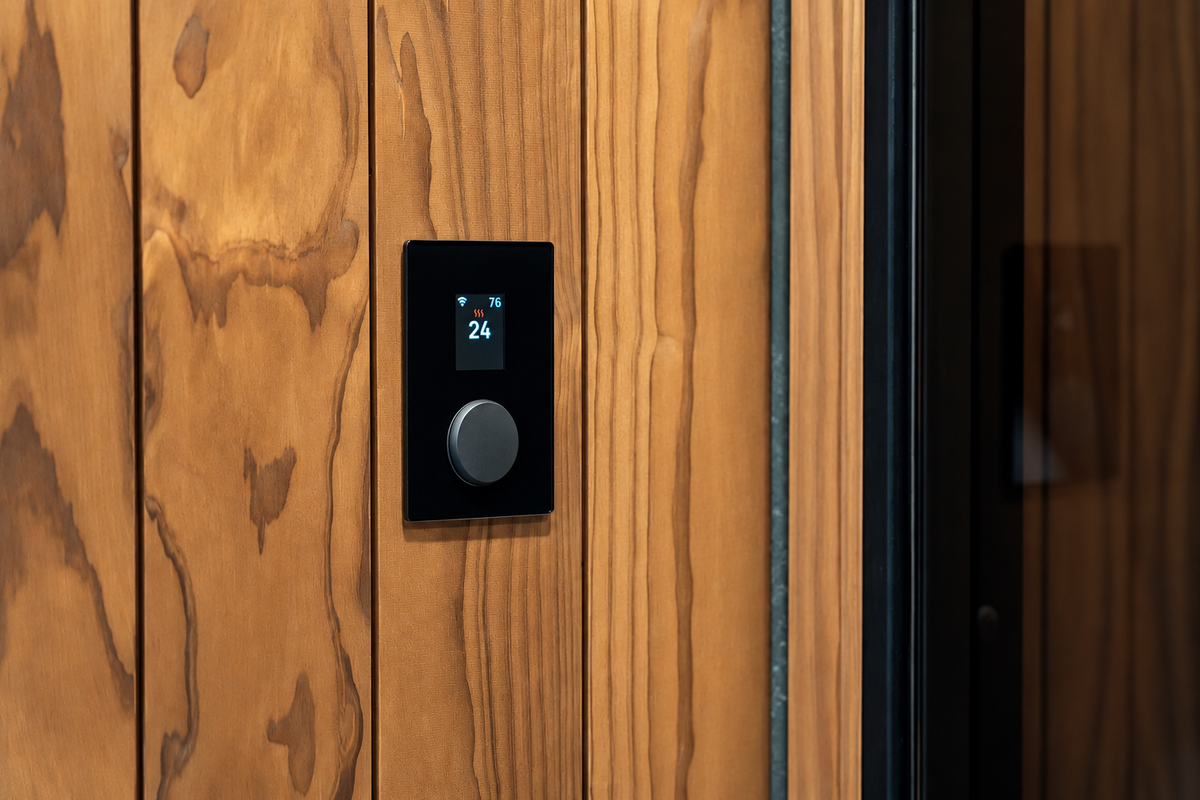 Wi-Fi sauna controller mounted on the Oblique's cedar interior wall